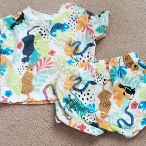 Old Navy White Jungle Print Two-Piece Set with Blue, Yellow, Green Accents